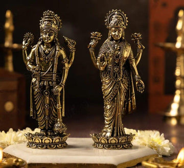 Brass Standing Vishnu Lakshmi Idol Pair (6 Inch) - Sadhnaa