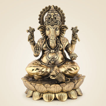 Chaturbhuj Ganesha Brass Idol- 4.25" Handcrafted Murti, Lightweight Pure Brass Statue