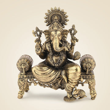 Ganesh Idol on Singhasan – 4.5" Handcrafted Pure Brass Murti, Lightweight Home Decor
