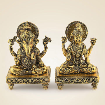 4" Laxmi Ganesh Brass Idol Pair – Handcrafted Platform Statues for Pooja & Gift Decor