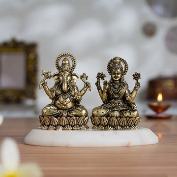 Brass Lakshmi Ganesh Murti On Lotus (3 Inch) - Sadhnaa
