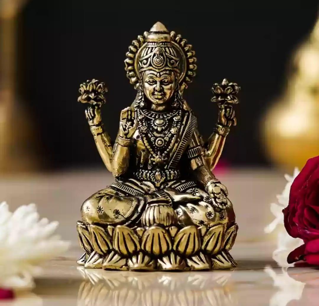 Brass Lakshmi Idol Sitting on Lotus (3 Inch) - Sadhnaa