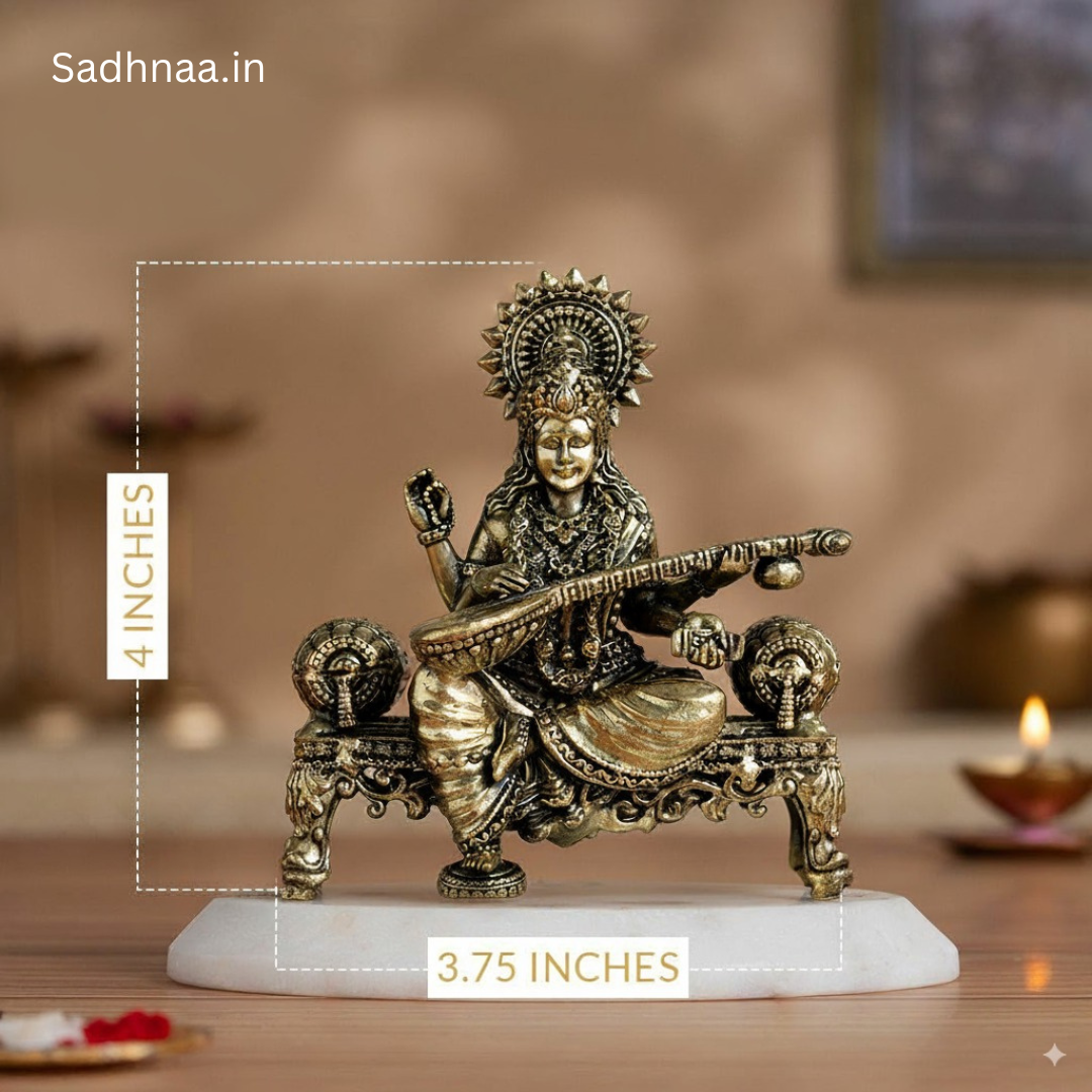 Brass Saraswati Idol Playing Veena On Singhasan (4 Inch)