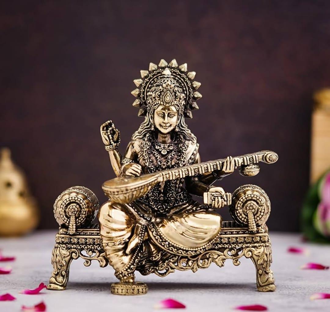 Brass Saraswati Idol Playing Veena On Singhasan (4 Inch) - Sadhnaa