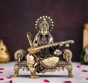 Brass Saraswati Idol Playing Veena On Singhasan (4 Inch) - Sadhnaa