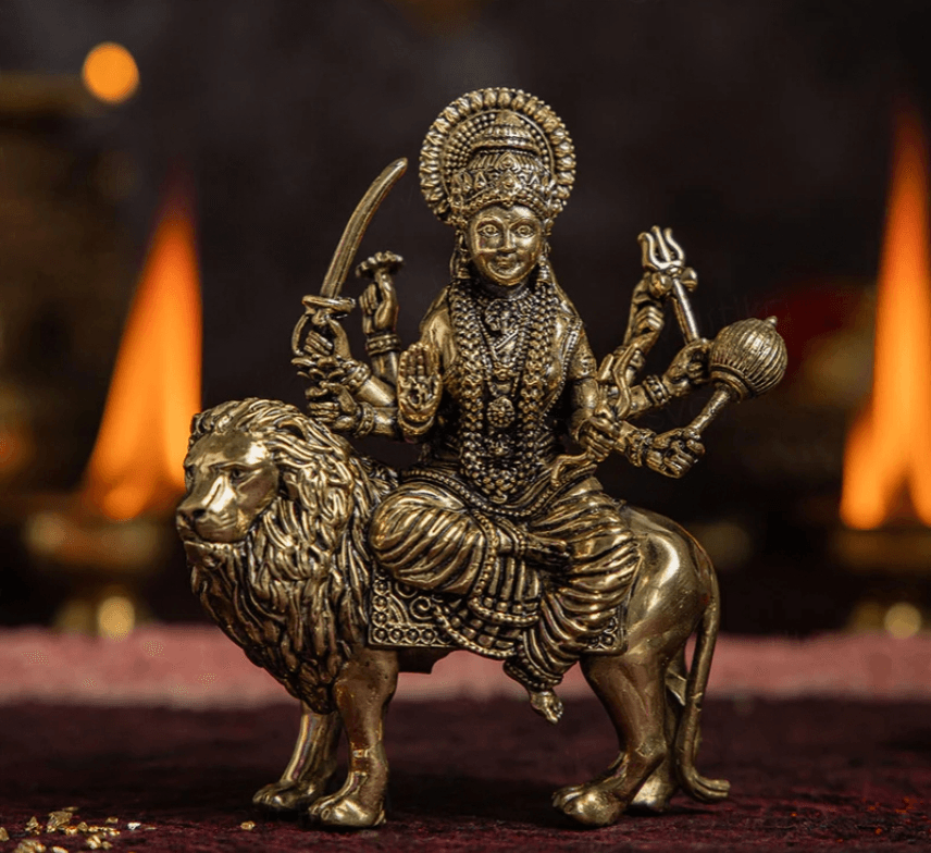 Brass 8 Armed Maa Durga Idol Sitting on Lion (5 Inch) - Sadhnaa