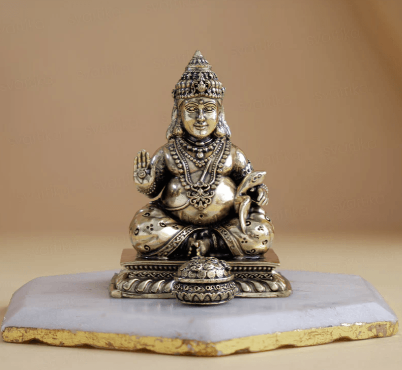 Brass Lord Kubera Statue with Mongoose (4 Inches) - Sadhnaa