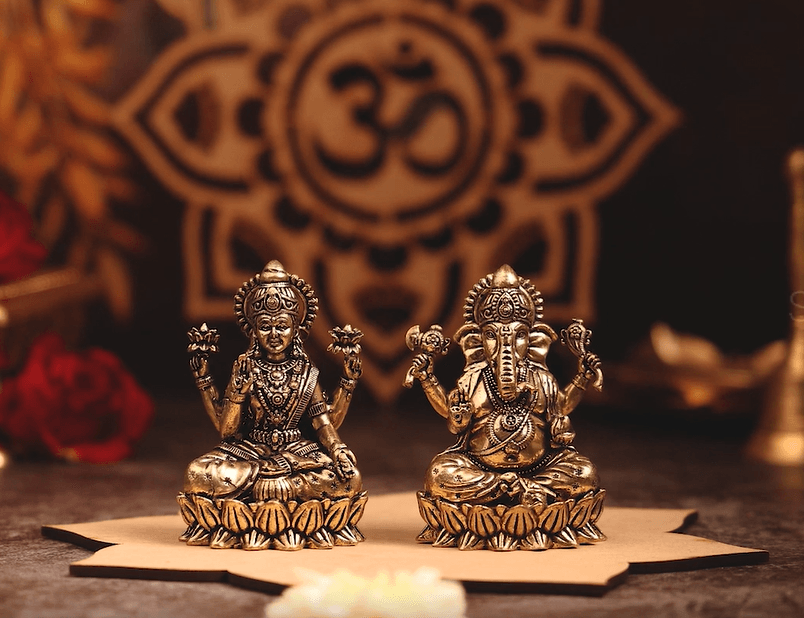 Brass Lakshmi Ganesh Murti On Lotus (3 Inch) - Sadhnaa