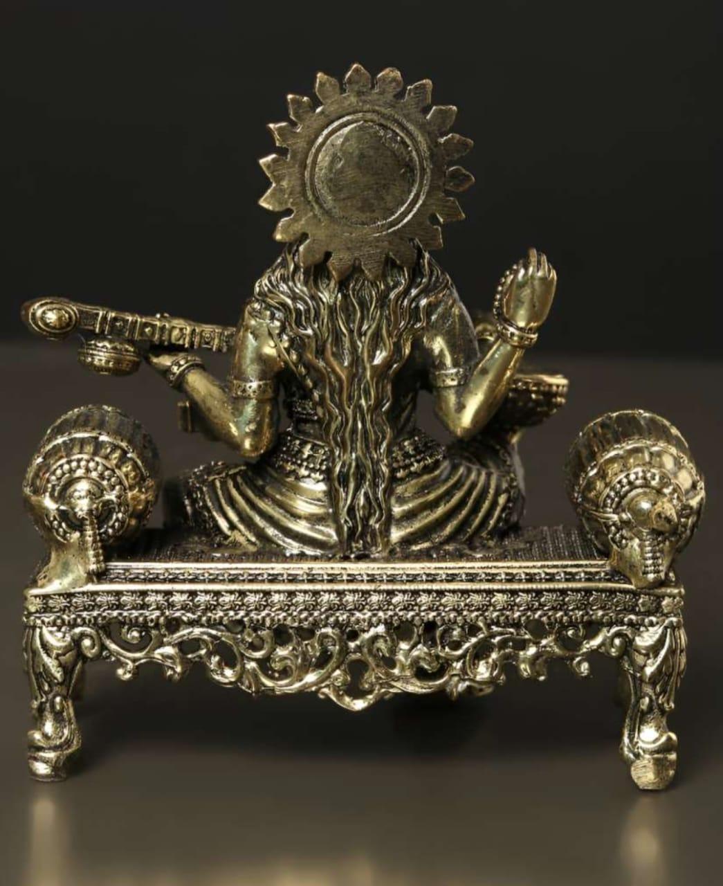 Brass Saraswati Idol Playing Veena On Singhasan (4 Inch) - Sadhnaa