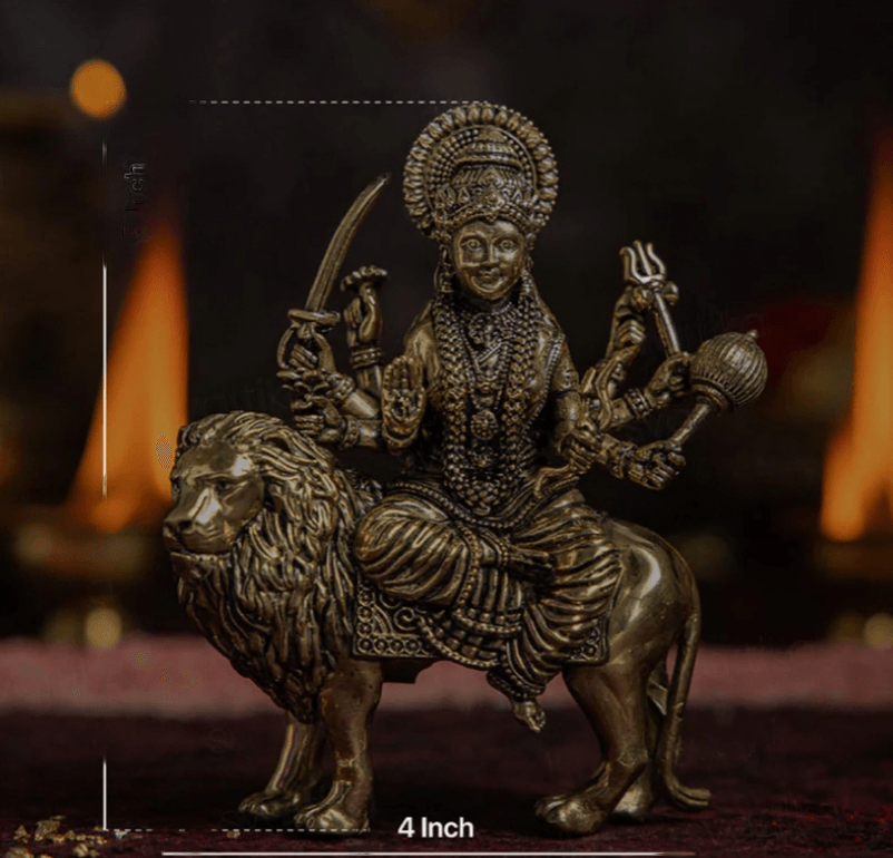 Brass 8 Armed Maa Durga Idol Sitting on Lion (5 Inch) - Sadhnaa