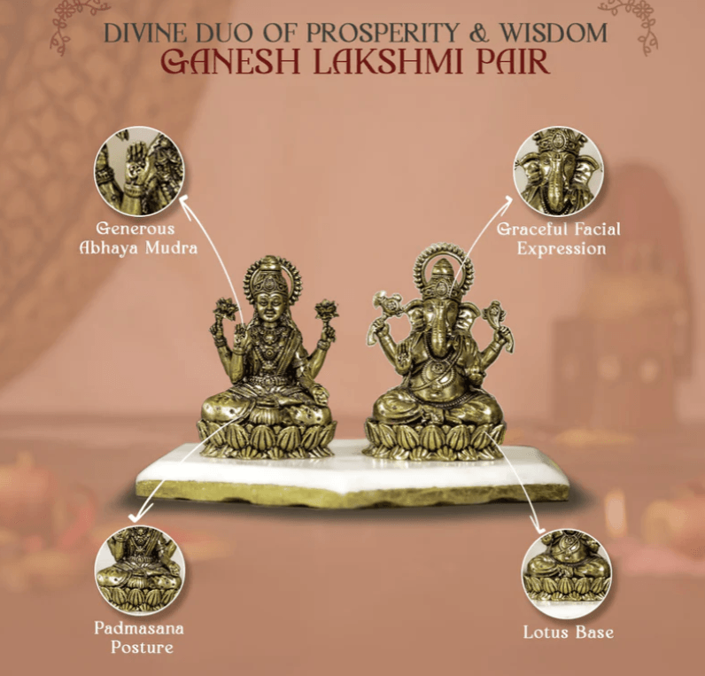Brass Lakshmi Ganesh Murti On Lotus (3 Inch) - Sadhnaa