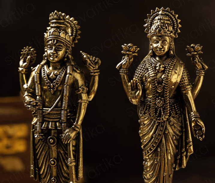 Brass Standing Vishnu Lakshmi Idol Pair (6 Inch) - Sadhnaa