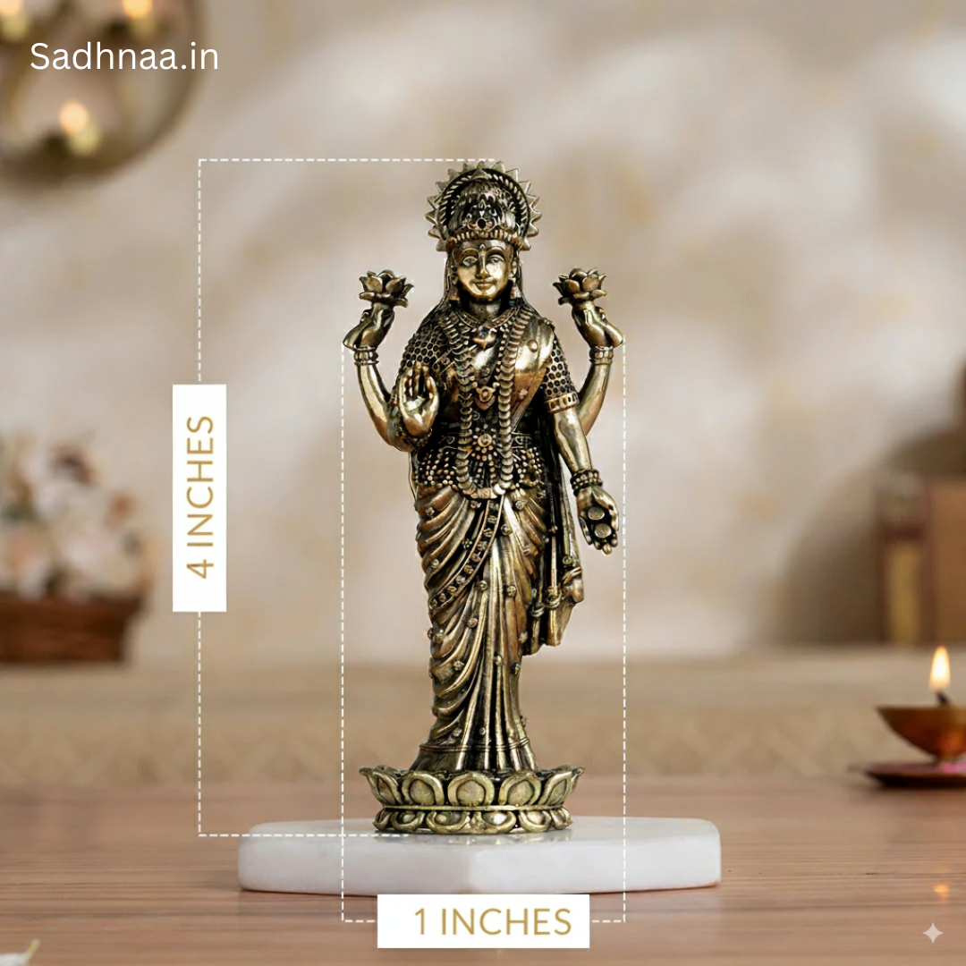 Brass Lakshmi Idol Standing on Lotus (6 Inch)