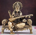 Brass Saraswati Idol Playing Veena On Singhasan (4 Inch) - Sadhnaa