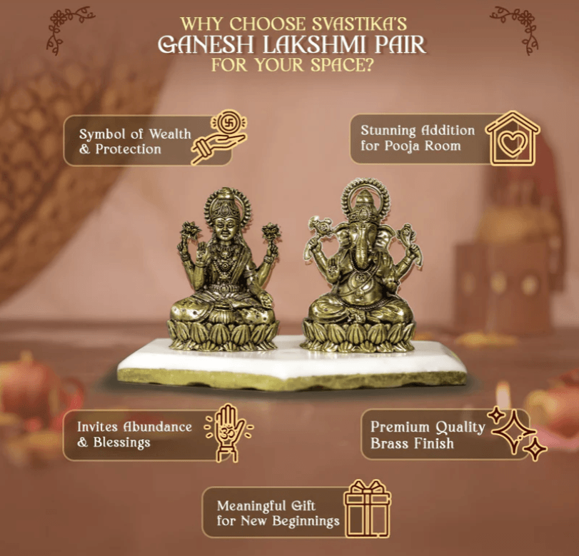 Brass Lakshmi Ganesh Murti On Lotus (3 Inch) - Sadhnaa