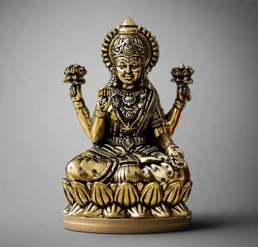 Brass Lakshmi Idol Sitting on Lotus (3 Inch) - Sadhnaa