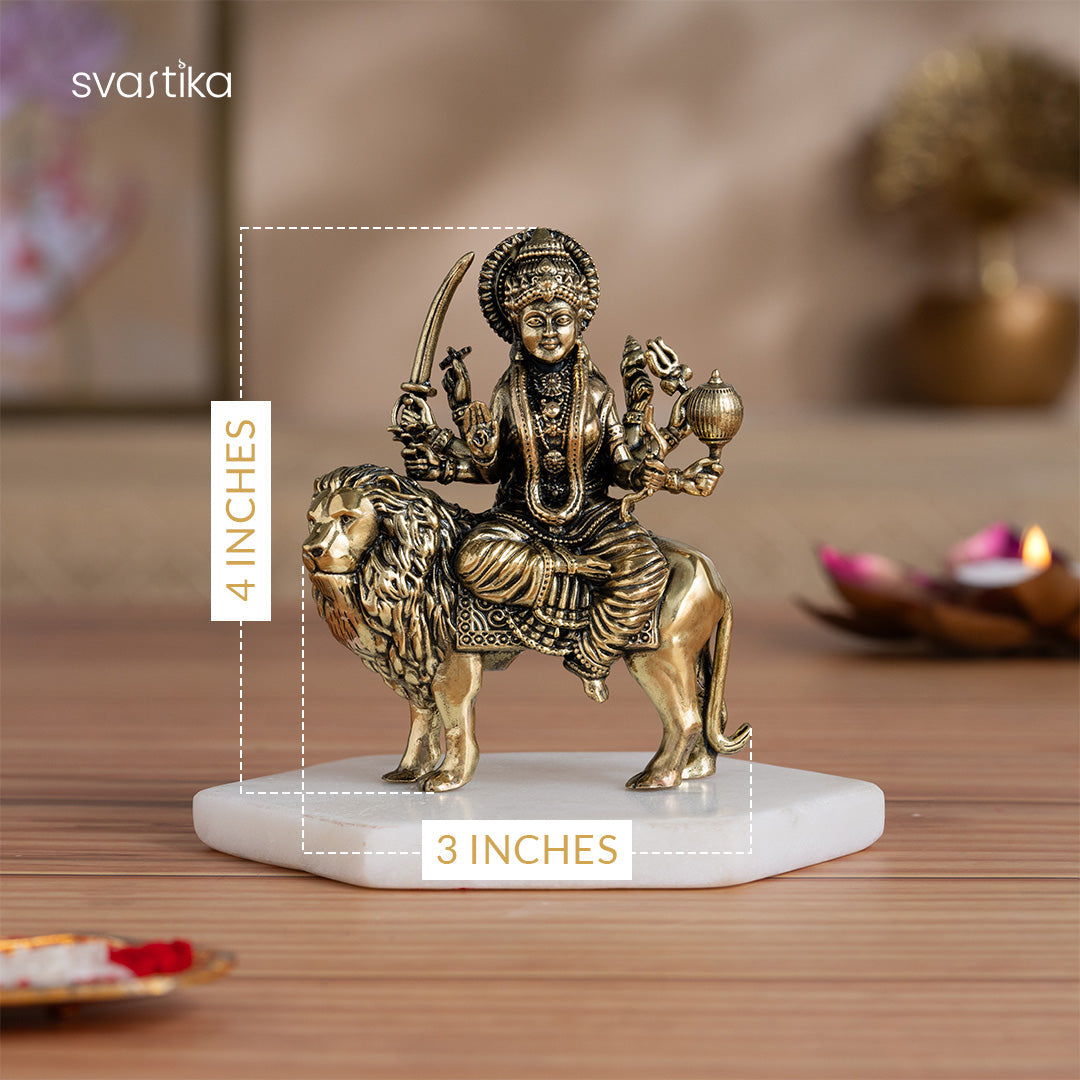 Brass 8 Armed Maa Durga Idol Sitting on Lion (4 Inch)