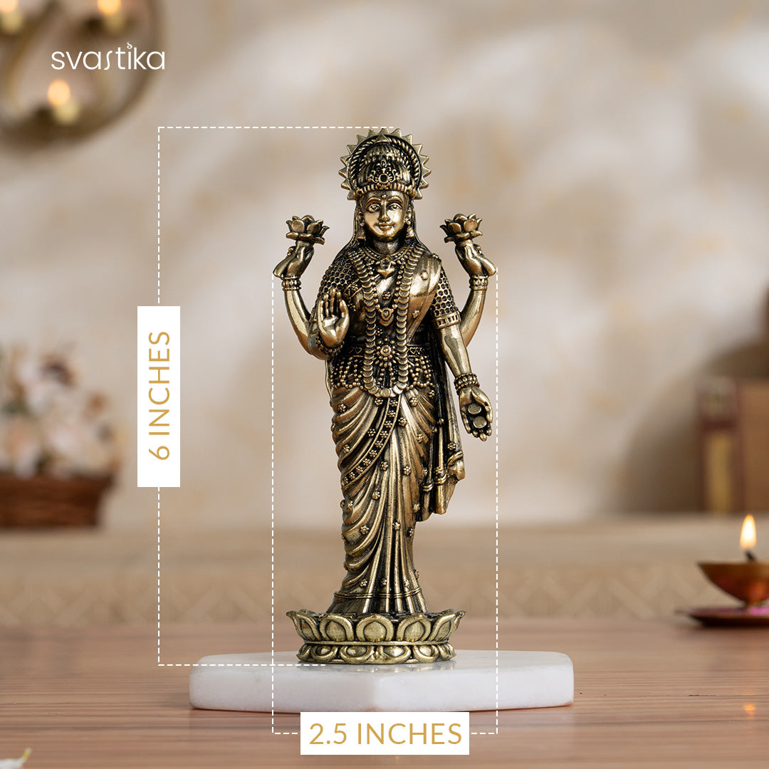 Brass Lakshmi Idol Standing on Lotus (6 Inch)