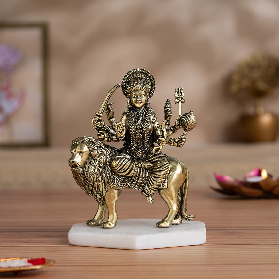 Brass 8 Armed Maa Durga Idol Sitting on Lion (5 Inch) - Sadhnaa