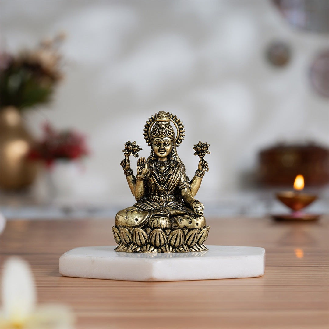 Brass Lakshmi Idol Sitting on Lotus (3 Inch) - Sadhnaa
