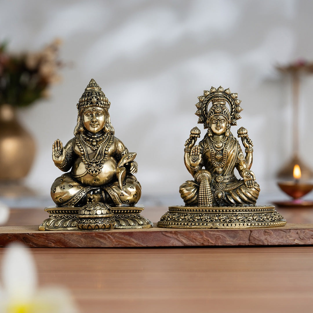 Brass Maa Lakshmi & Kuber Statue Pair (4 Inch) - Sadhnaa
