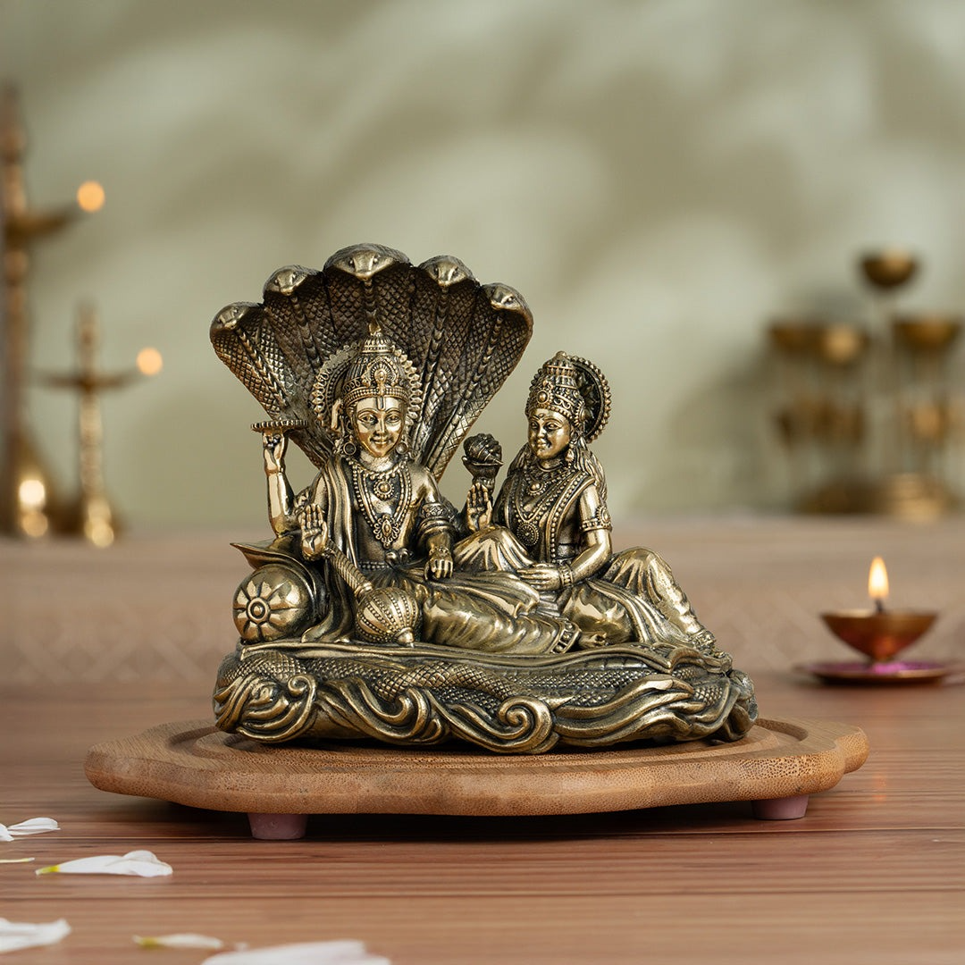 Brass Narayana/Vishnu Lakshmi on Ananta-Sajya (5.5 Inch) - Sadhnaa