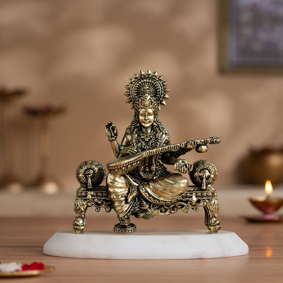 Brass Saraswati Idol Playing Veena On Singhasan (4 Inch) - Sadhnaa