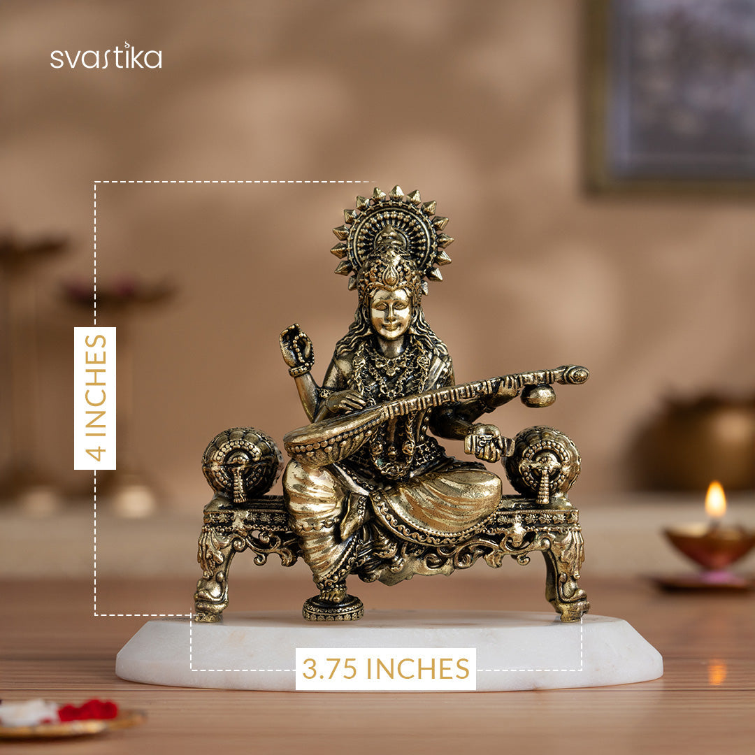 Brass Saraswati Idol Playing Veena On Singhasan (4 Inch)