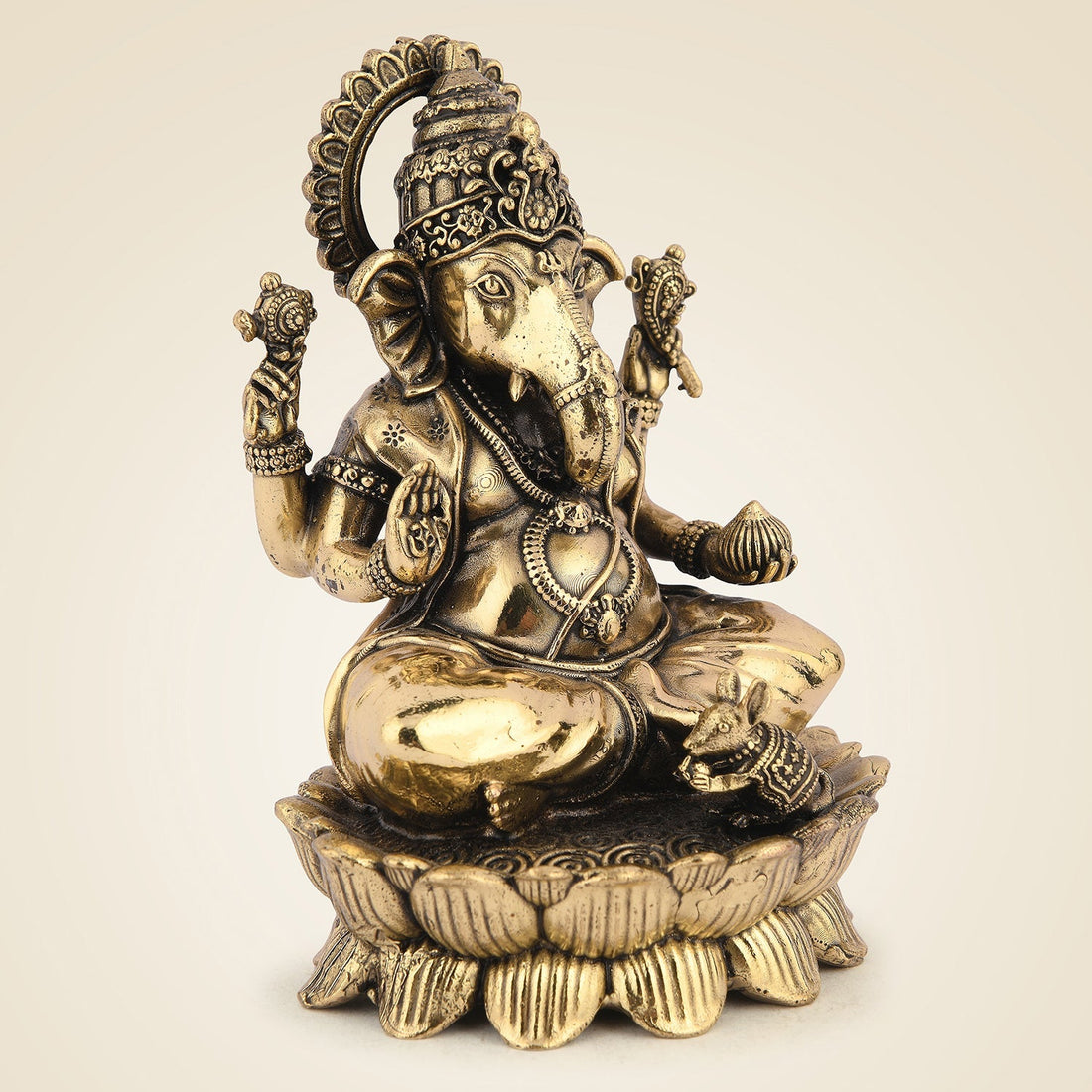 Chaturbhuj Ganesha Brass Idol- 4.25" Handcrafted Murti, Lightweight Pure Brass Statue