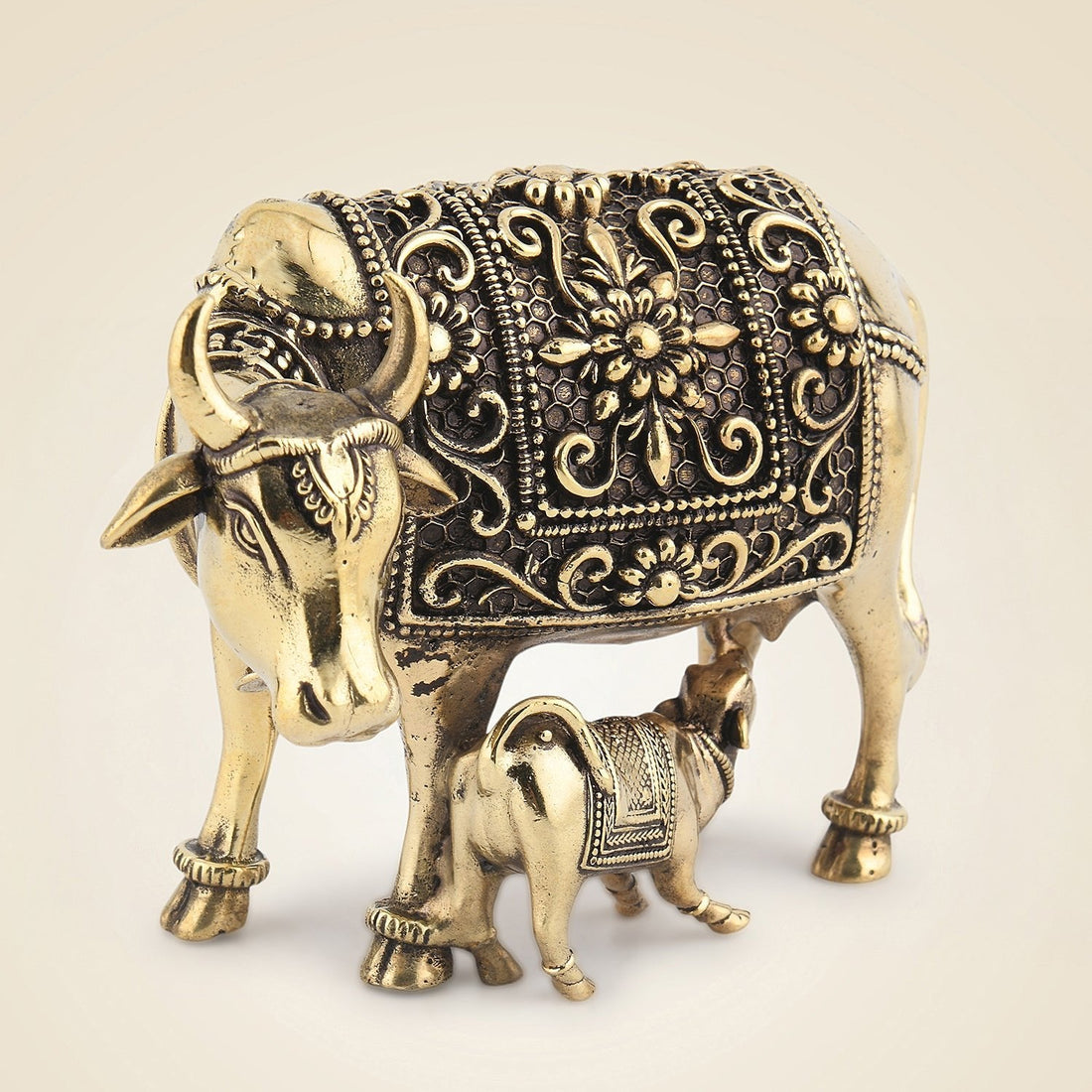 Kamdhenu Cow with Calf 3" – Intricately Carved Pure Brass Lightweight Idol
