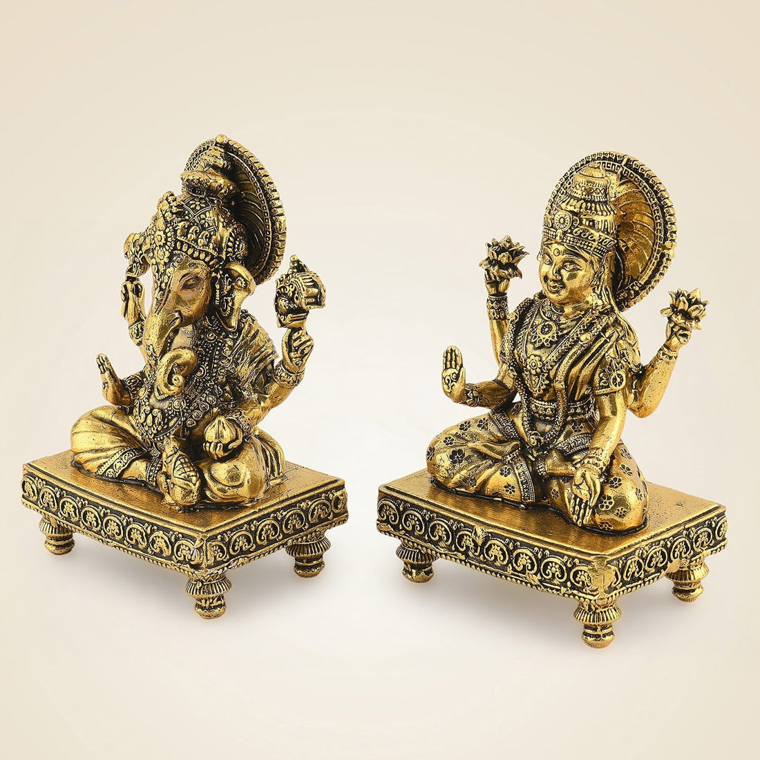 4" Laxmi Ganesh Brass Idol Pair – Handcrafted Platform Statues for Pooja & Gift Decor