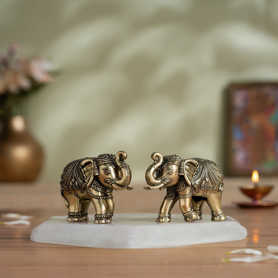 Brass Vastu Trunk Up Brass Elephant Statue Pair (2 Inch)