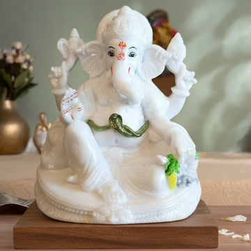 Premium White Marble Lord Ganesha Idol with Intricate Hand-Painted Detailing