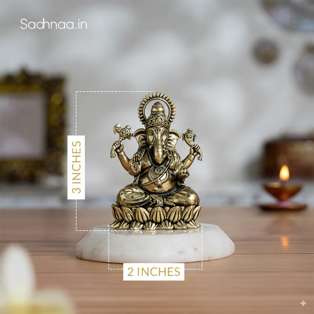 Brass Left-Trunk Ganesha Murti Sitting On Lotus (3 Inch)
