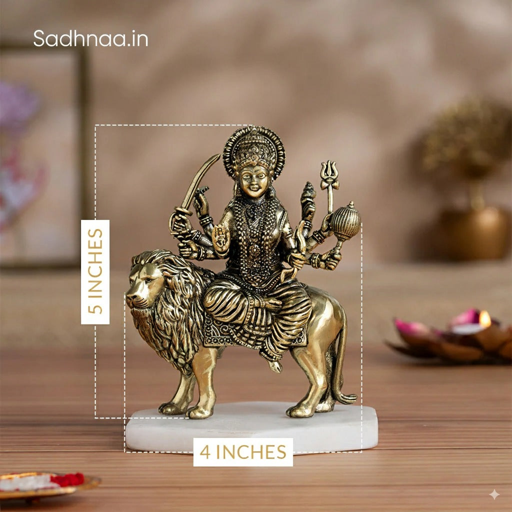 Brass 8 Armed Maa Durga Idol Sitting on Lion (5 Inch)