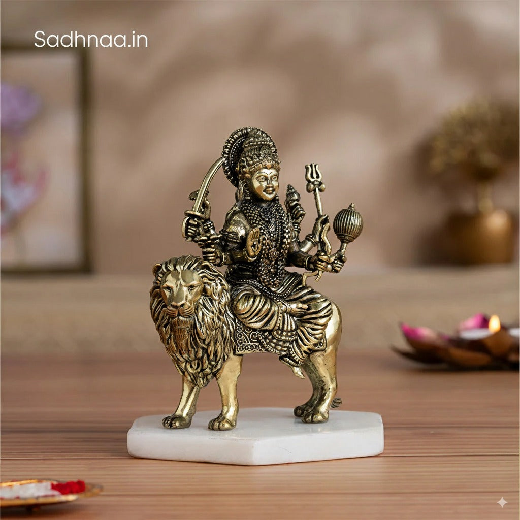 Brass 8 Armed Maa Durga Idol Sitting on Lion (6 Inch)
