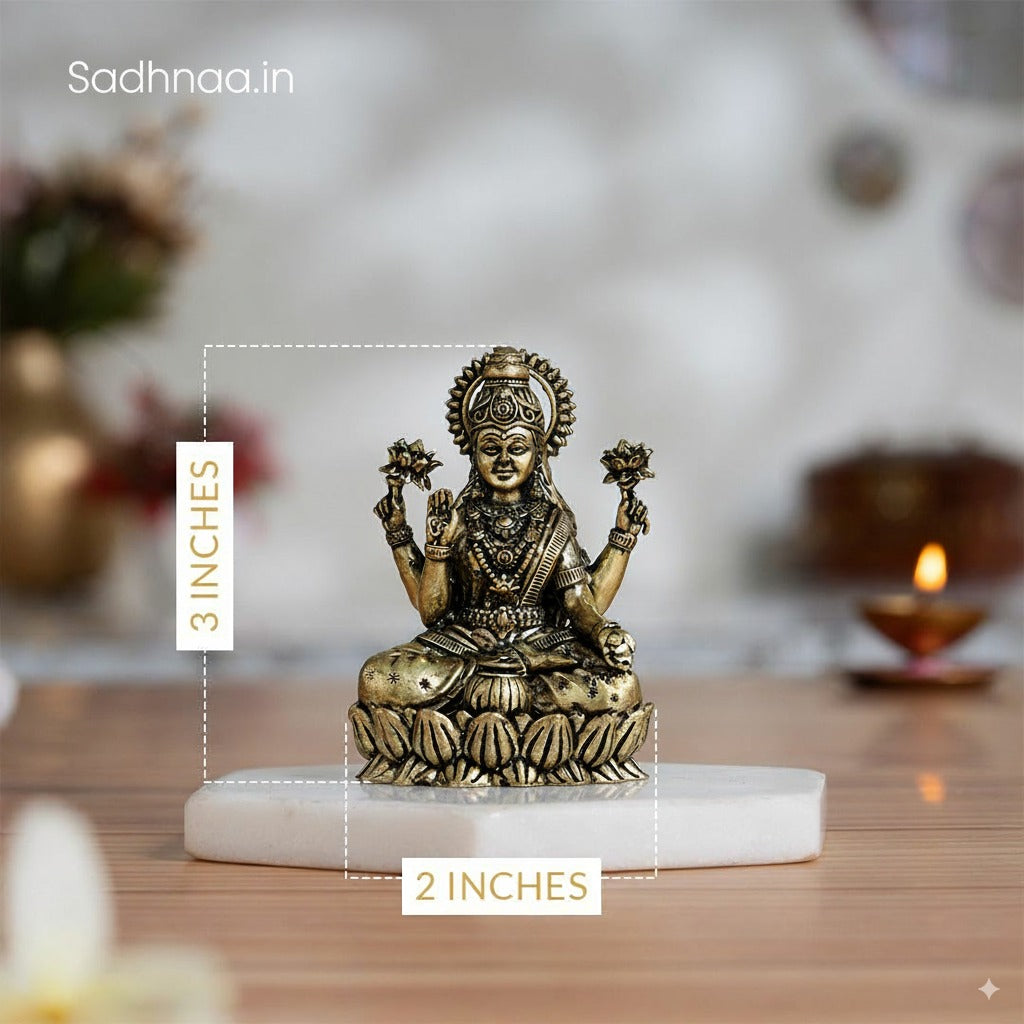Brass Lakshmi Idol Sitting on Lotus (3 Inch)