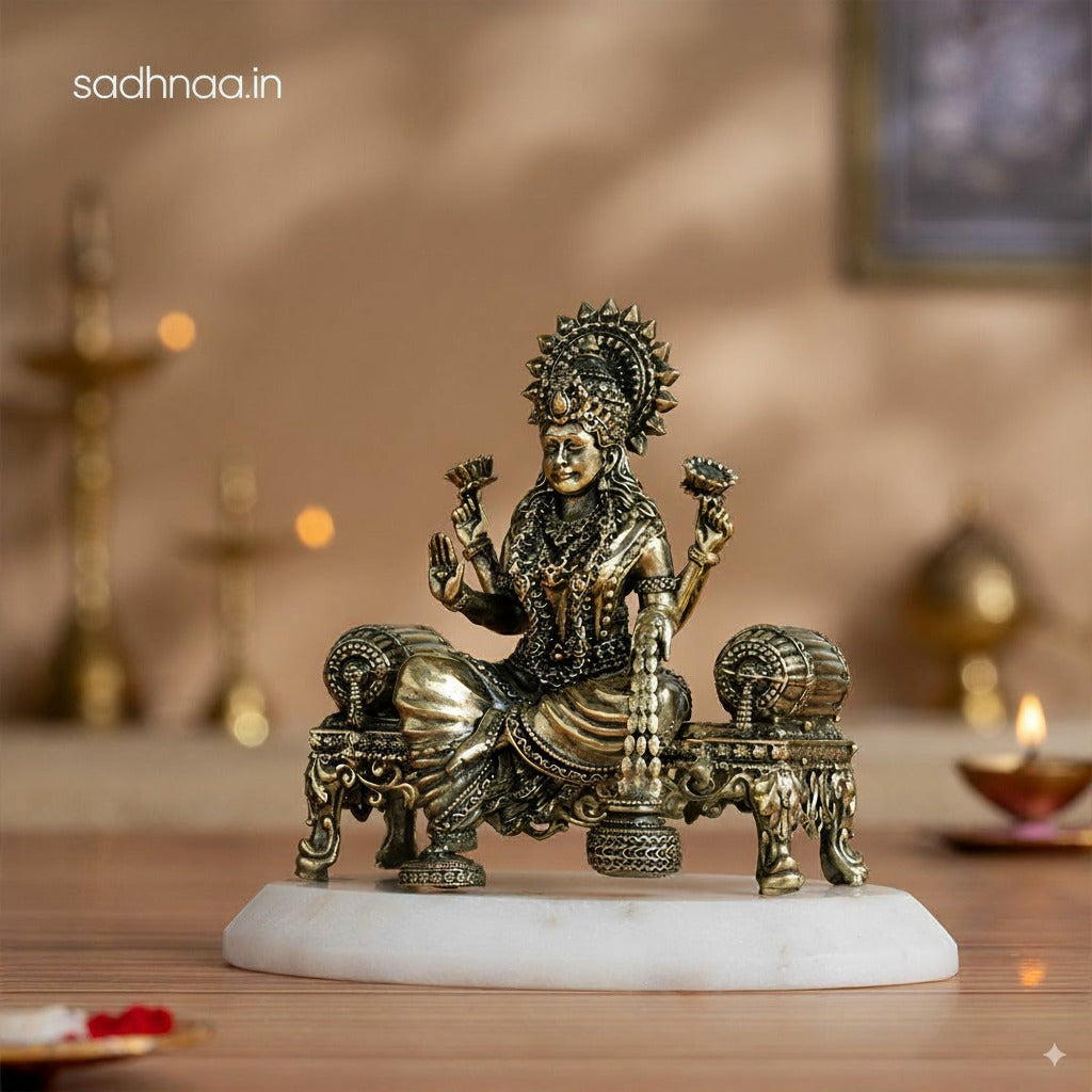 Brass Lakshmi Idol Sitting on Singhasan (4 Inch)