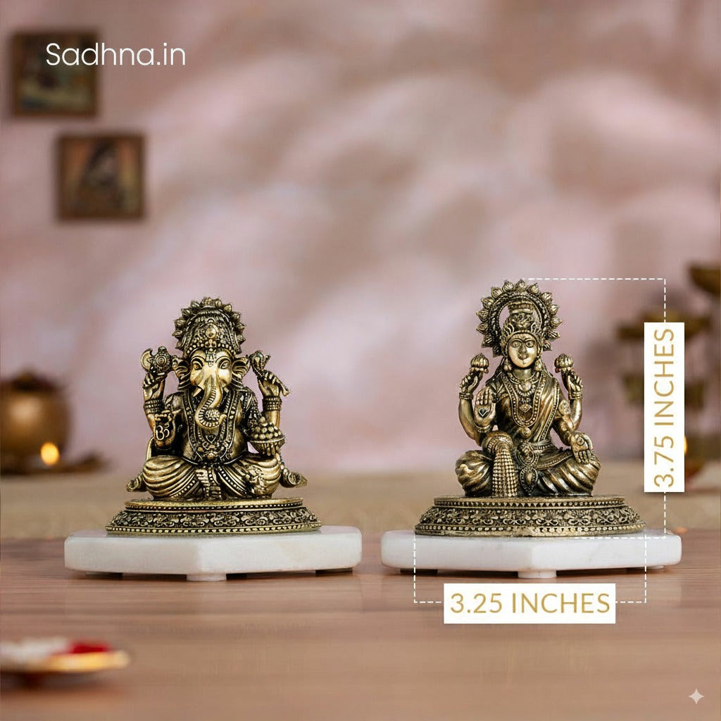 Brass Four-Armed Lakshmi Ganesh Murti Pair (4 Inch)