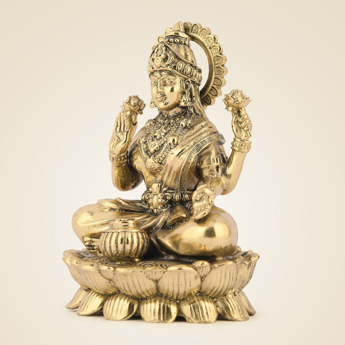 4.5" Laxmi Ji Seated on Lotus – Handcrafted Pure Brass Idol for Pooja Room