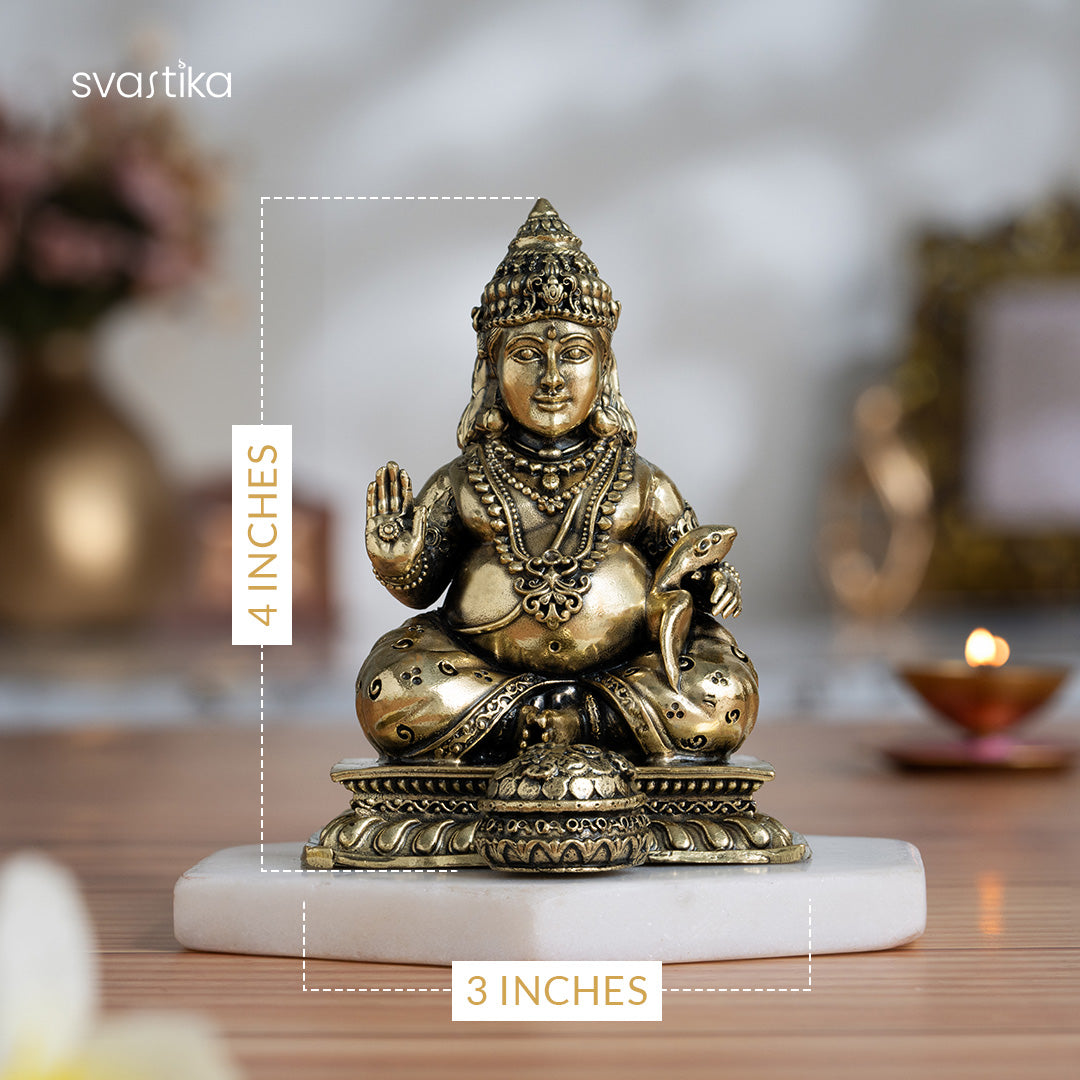 Brass Lord Kubera Statue with Mongoose (4 Inches)
