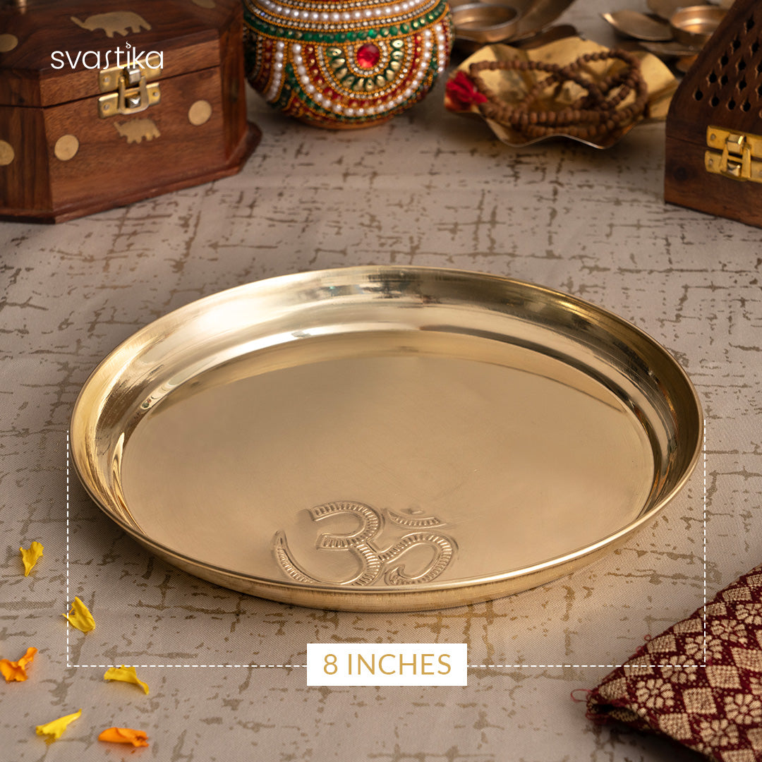 Om Brass Pooja Thali with Aarti Diya (8 Inch)