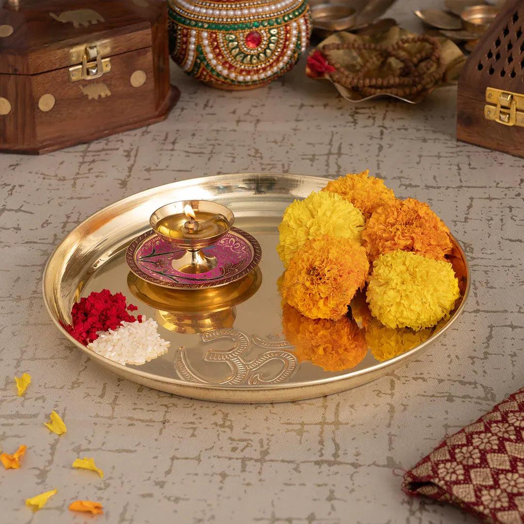 Om Brass Pooja Thali with Aarti Diya (8 Inch) - Sadhnaa